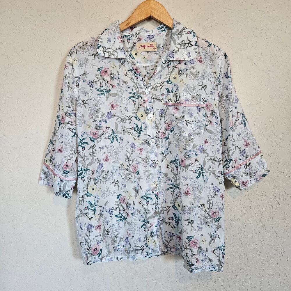 Papinelle Floral Pajama Top 3/4 Sleeve Silk Blend Women's Size Medium Comfort